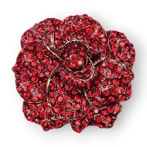 Rhinestone Rose Brooch Pave Dark Red Dimensional Gold Plated Lacquered 2" Long